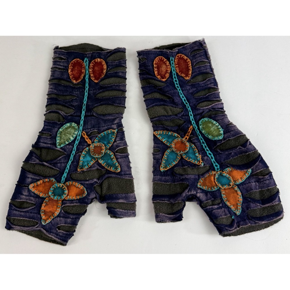 Boho Embroidered Fingerless Gloves Colorful with Floral Design 100% Cotton - Picture 4 of 8
